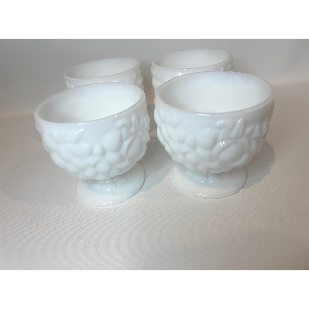 Milk Glass Dessert Cup Set 4 Footed White Scalloped Fruit & Floral Harvest Vtg
